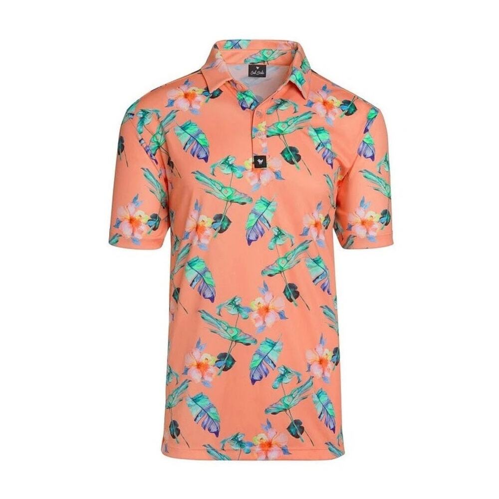 BAD BIRDIE Fresco Short‎ Sleeve Polo Shirt Large Pink Green Floral Golf Casual